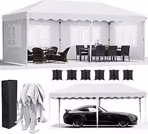Padiglione da giardino - Pop Up 3 x 6 m - Montaggio rapido - Impermeabile - HDPE con rivestimento inPoliuretano- Telaio in alluminio - 4 pareti laterali - Bianco