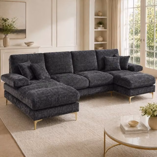 Divano a U in ciniglia grigio con 2 posizioni reclinabili; 272 × 136 × 88 cm