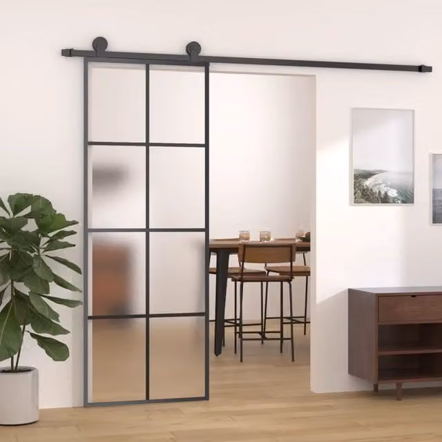 Porta Scorrevole Industrial vidaXL in Vetro e Alluminio Nero L: 76 cm, H: 205 cm