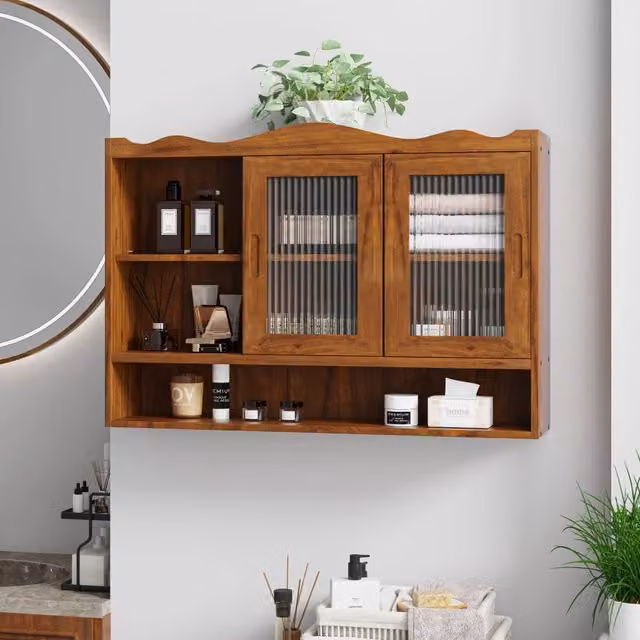 Pensile con 2 ante scorrevoli e ripiani rimovibili per bagno e cucina in legno massello e vetro marrone 90 × 20 × 60 cm