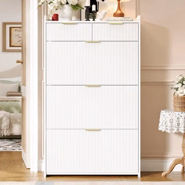 Scarpiera stretta con 3 vani a ribalta e 2 cassetti, per ingresso e corridoio, in truciolare bianco, 80 × 25 × 135 cm