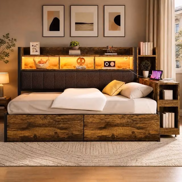 Letto singolo multifunzione ULEVR 90x200 cm con scrivania estraibile, prese integrate e 2 cassetti, legno naturale
