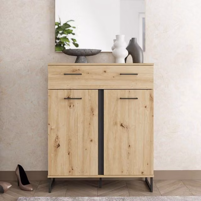 Madia Ceredano DMORA con un cassetto, colore Marrone Rovere Nodi, L: 85 cm, P: 35 cm, H: 104 cm – 1