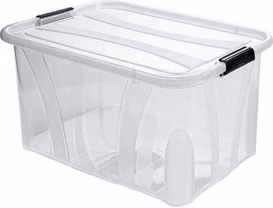 Scatola portaoggetti in plastica trasparente con robuste fibbie di chiusura e fondo rinforzato, 80 litri