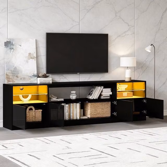 Mobile TV Minimal nero lucido con illuminazione LED integrata per soggiorno, L/P/H: 180 x 35 x 60 cm