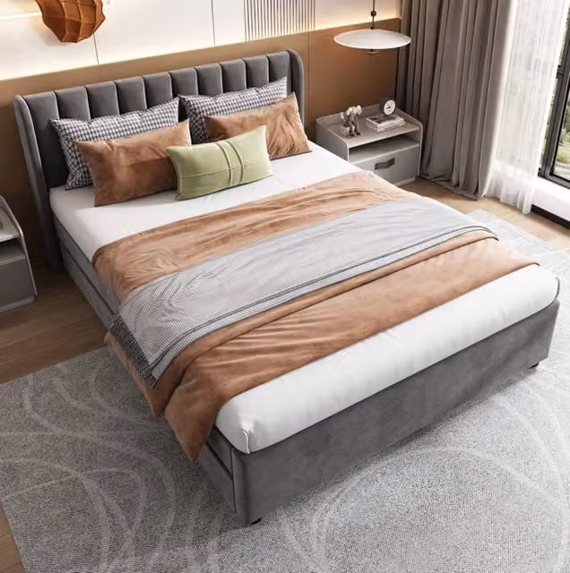 Letto imbottito in velluto 140 x 200 cm con testiera alta; 2 cassetti; rete a doghe; grigio