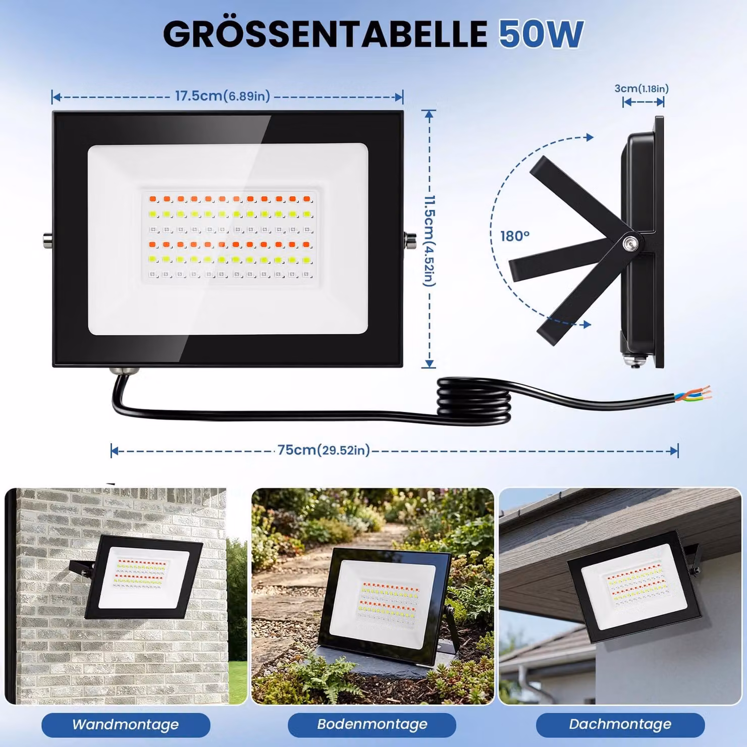 Fari a LED RGB per illuminazione esterna - 50 W - Confezione da 2 - Grado di protezione IP66 - Multicolore - 220–240 V - Con telecomando
