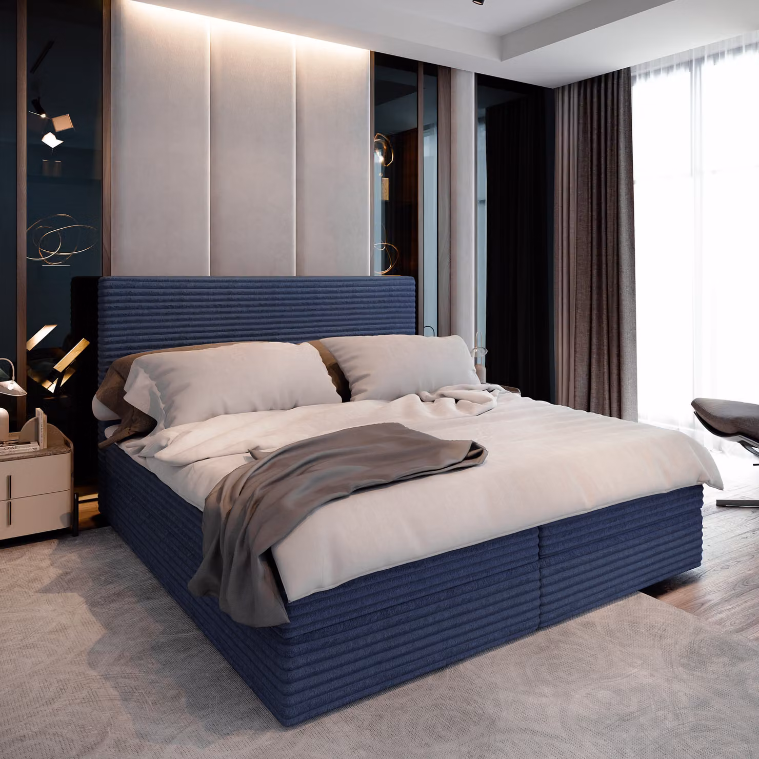 Letto a molle Masseno PISA 140x200 cm completo di materasso e topper Bonell, letto imbottito con cassettiera -Blu, TILIA 77