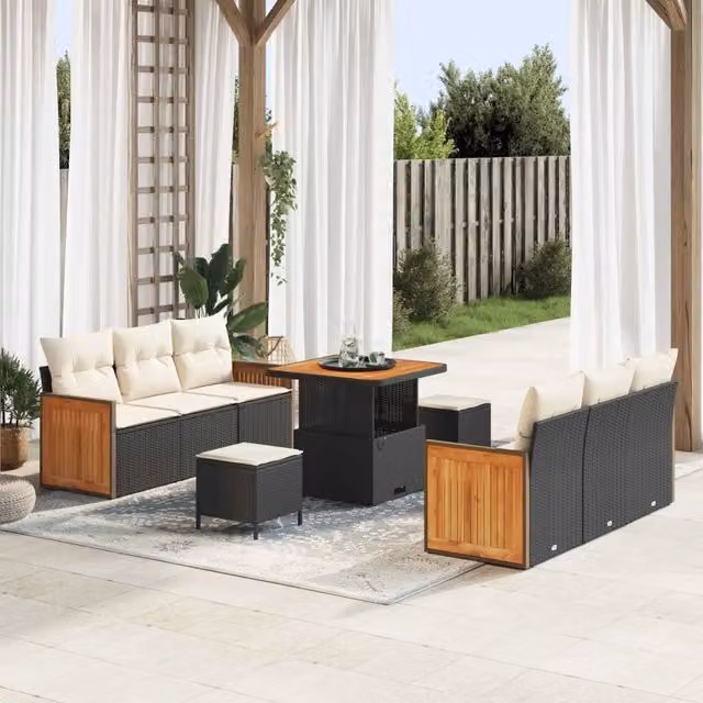 Set Divano da Giardino 9 pz 8-Numero di posti Nero e Crema 3363125