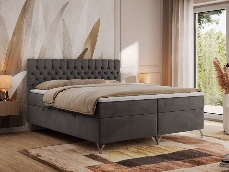 Letto boxspring MKS MEBLE 140x200, letto 140x200 con materasso H4, letto boxspring 140x200 con contenitore e topper, letto imbottito 140x200 con piedini - GRIMALDI - 140x200 - Grigio scuro Velvet - H4