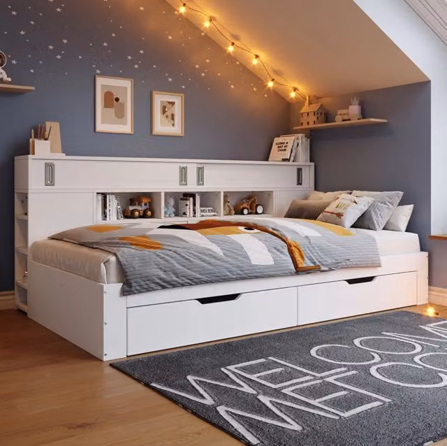 Letto daybed singolo MODFU in MDF bianco con cassetti e vano contenitore L/P/H: 90 x 200 cm