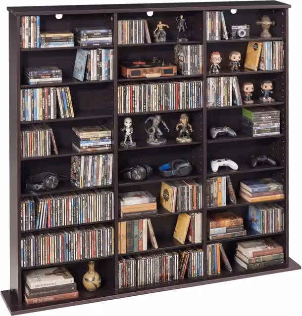 Mobiletto Porta CD e DVD con 24 Scomparti 8 Ripiani Salvaspazio Autoportante Marrone per Soggiorno e Studio 142x22x130 cm