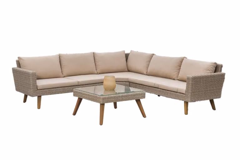 Set da giardino Merxx Pamplona, set lounge, panca angolare con cuscini inclusi, tavolo 70 x 70 cm - alluminio/polyrattan/acacia
