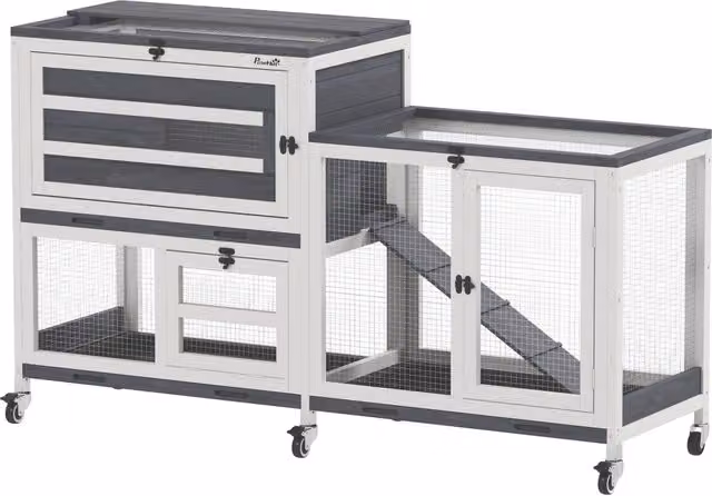 Conigliera in legno a 2 piani per 2-3 conigli con ruote e 3 vassoi estraibili, gabbia per interni grigia 147 x 45 x 89,5 cm