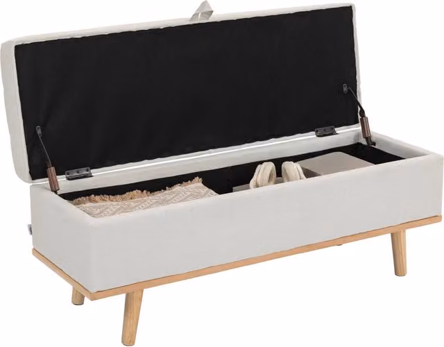 Panca Contenitore DESIGN IN Beige con Rivestimento in Tessuto e Gambe in Legno, L: 118 cm, P: 42 cm, H: 45 cm