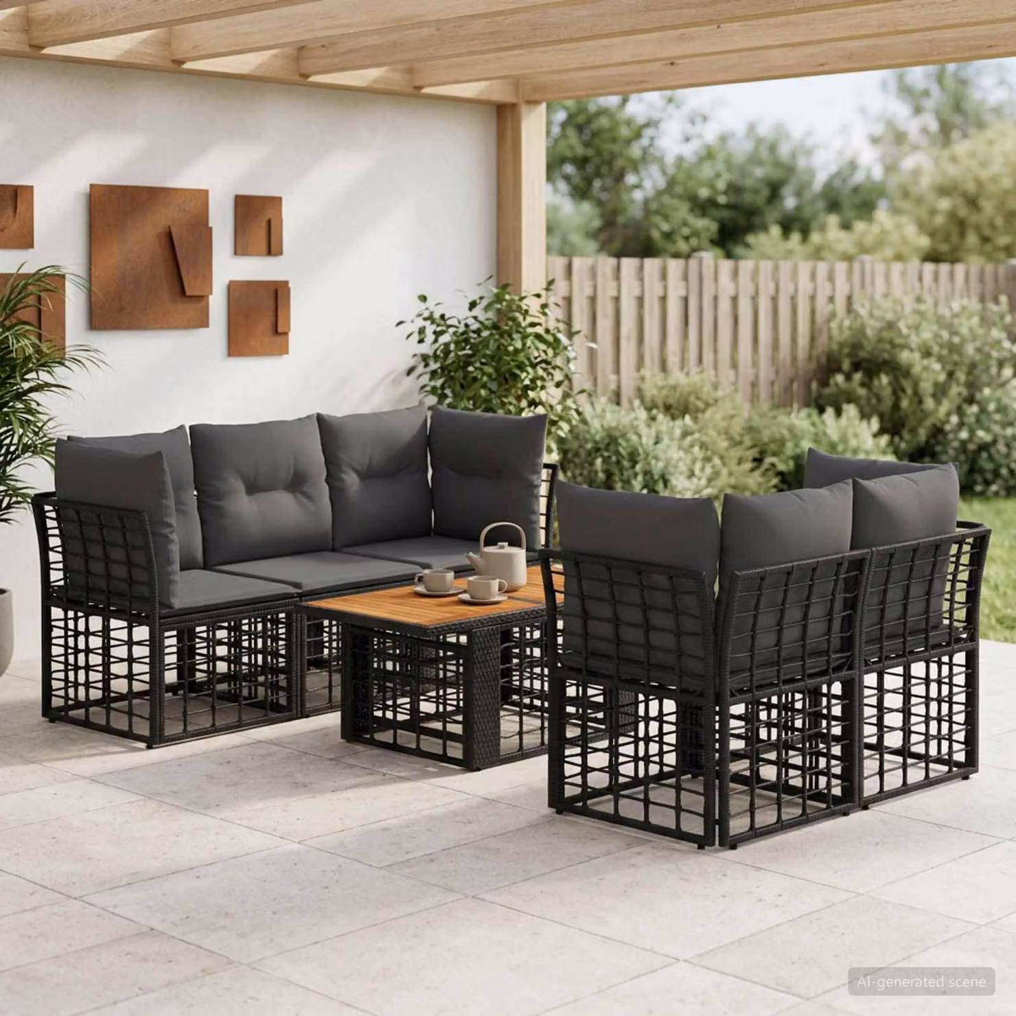 Set Divano da Giardino vidaXL 6 pz a L con Tavolino, Polyrattan e Metallo, Nero e Grigio