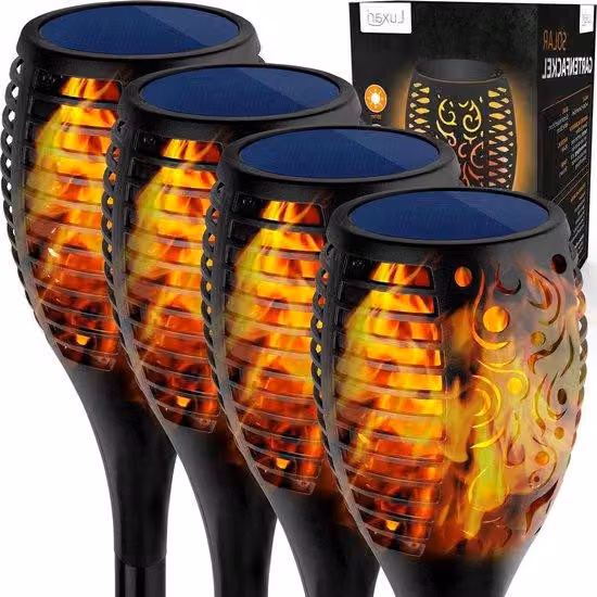 Torcia da giardino a energia solare con 4 fiamme realistiche - Allarme da giardino a energia solare resistente all'acqua - Illuminazione automatica da giardino a energia solare - Illuminazione d'atmosfera per il giardino