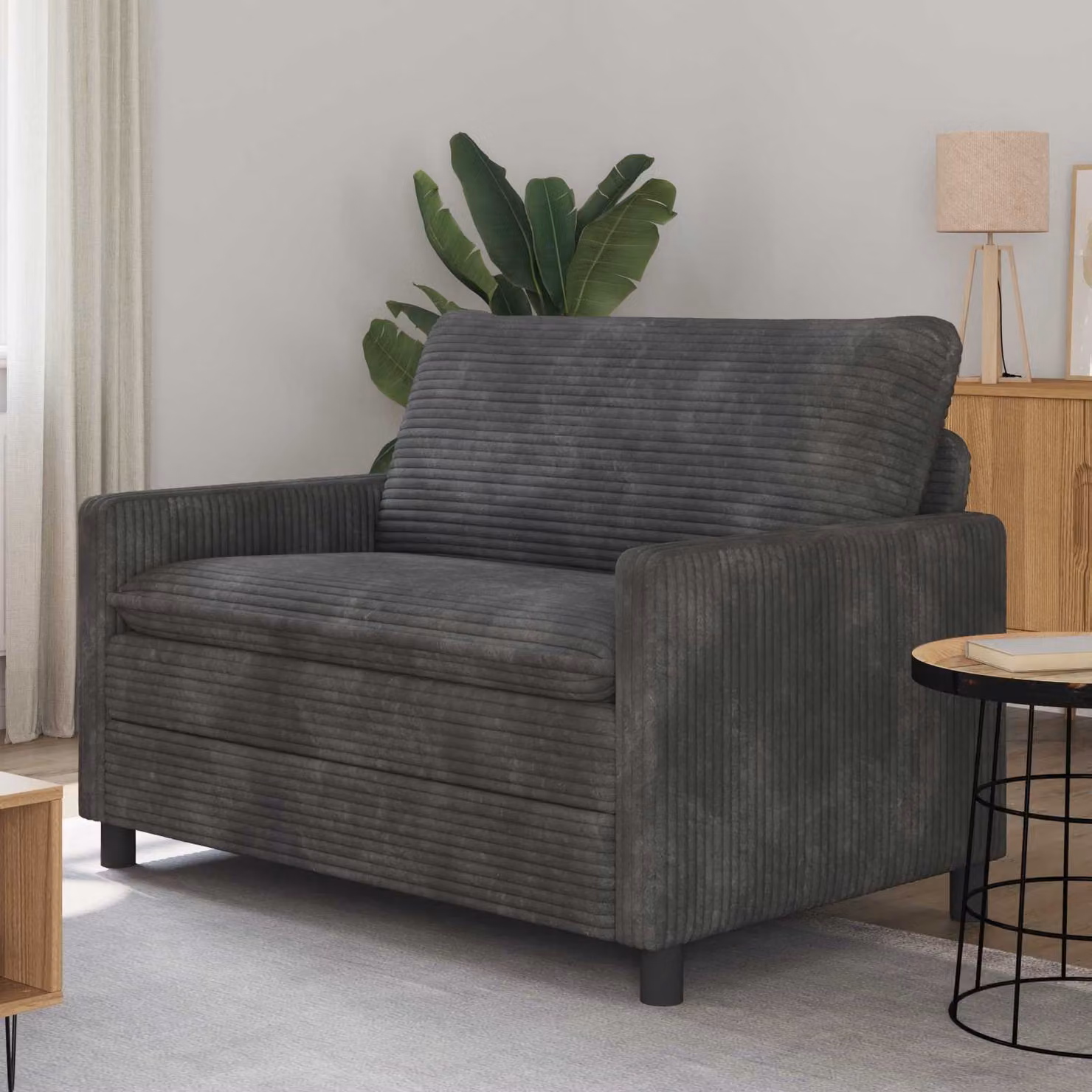 Divano moderno vidaXL in tessuto grigio e nero con struttura in metallo per il tuo soggiorno L: 126 cm, P: 81 cm, H: 87,5 cm