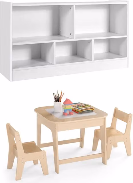 Set tavolo, 2 sedie ergonomiche e libreria a 5 scomparti per bambini in legno e MDF, bianco e giallo