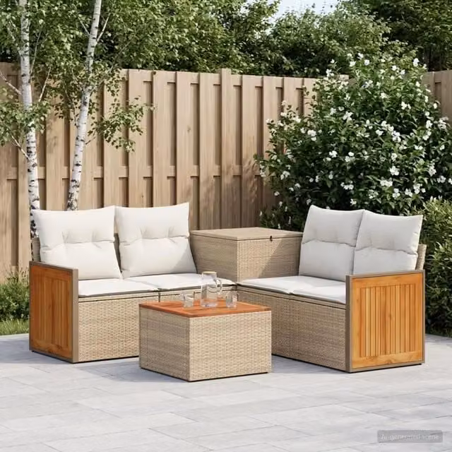 Set da giardino moderno vidaXL composto da 6 pezzi in polyrattan con tavolino e cuscini Beige e Bianco