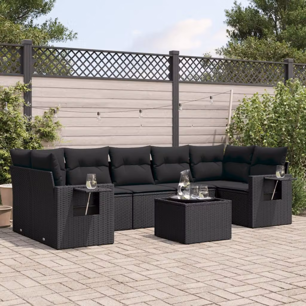 Set di divani da giardino vidaXL a forma di L in polyrattan nero con 8 pezzi e cuscini inclusi – 1
