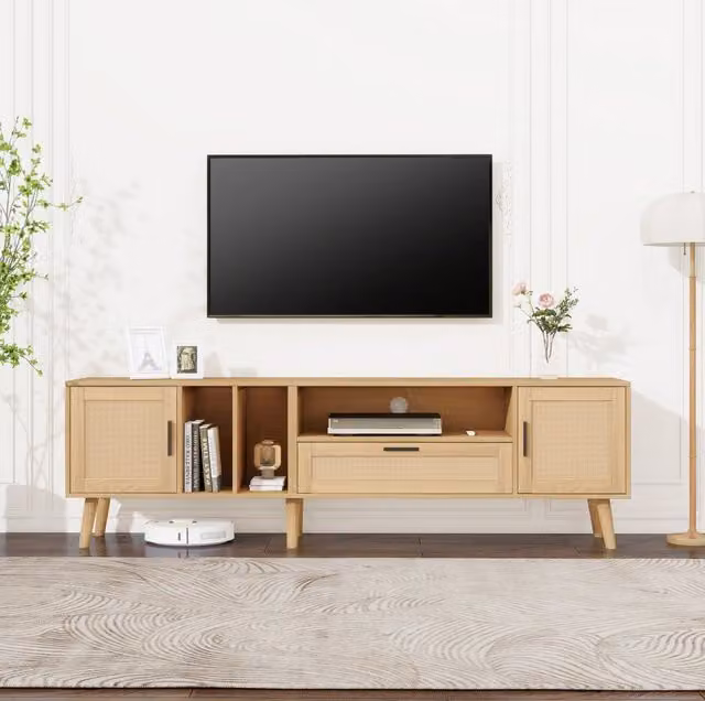 Mobile TV MODFU in truciolare effetto rovere con decorazioni in rattan, colore marrone e beige, Larghezza: 180 cm