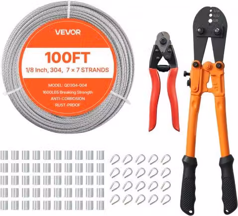 VEVOR Kit Cavo in Acciaio Inossidabile 304 Argento, Fune in Metallo da 3,2 mm con Lunghezza 30,5 m e Taglierina inclusa
