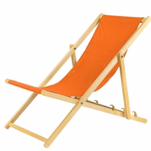 Set di 4 poltrone pieghevoli arancioni in legno, con sistema di sicurezza. Sedia pieghevole, poltrona, sdraio da spiaggia, sdraio da giardino