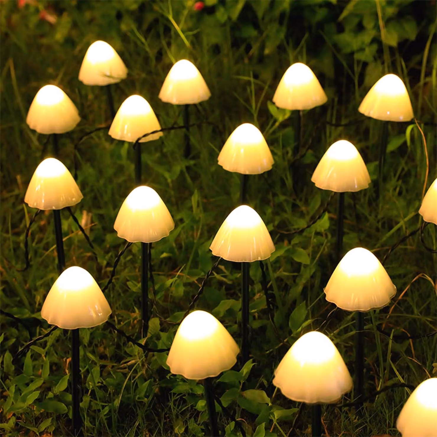Catena luminosa solare a forma di fungo, 12 LED, 3,8 metri, luce bianco caldo, grado di protezione IP44