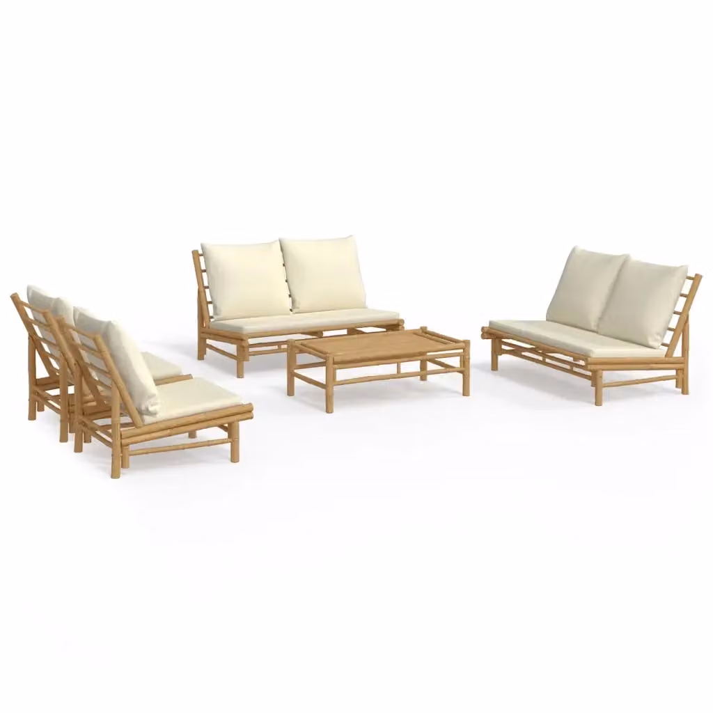 Set Salotto da Giardino vidaXL in Bambù con Cuscini Bianco e Beige – 2
