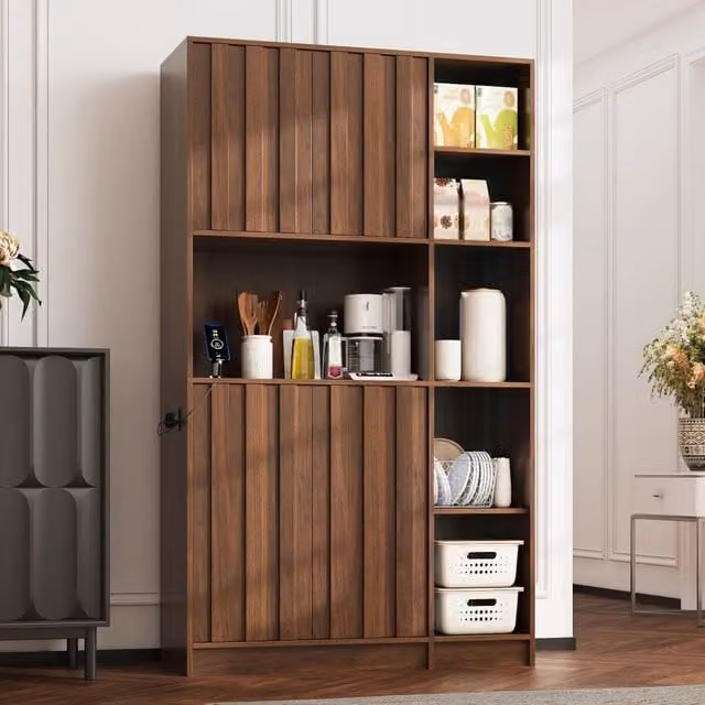 Mobile credenza da cucina con LED e presa elettrica, 2 ante e vani aperti per cucina e soggiorno, noce 105 × 40 × 180 cm