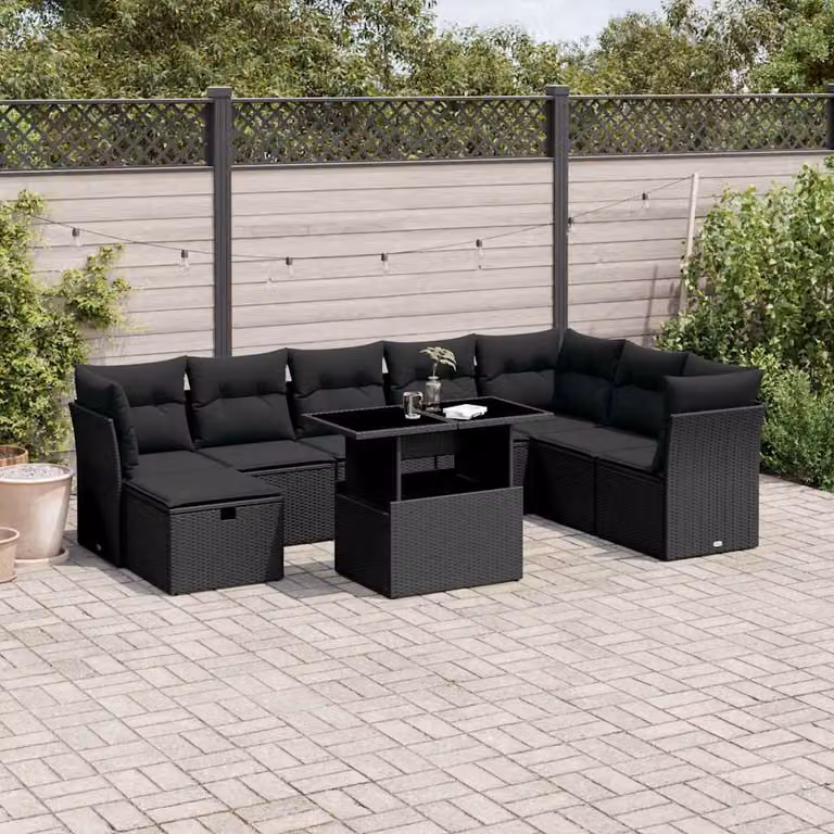 vidaXL Set Divani da Giardino 9 pz con Cuscini e Tavolino Nero in Polyrattan e Acciaio