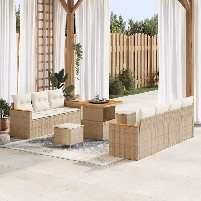 Set Divano da Giardino vidaXL in Polyrattan Beige con Cuscini e Tavolino da 10 Pezzi – 1