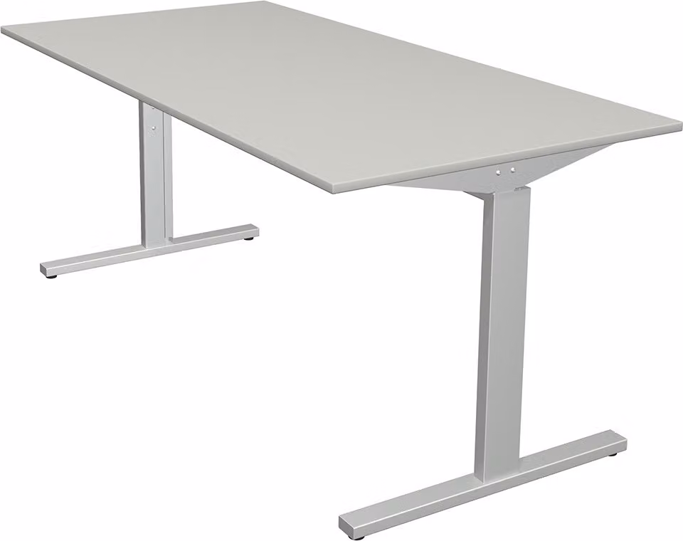 Scrivania Kerkmann Form 2 160x80x70-82 cm, base a T, argento alluminio, grigio chiaro