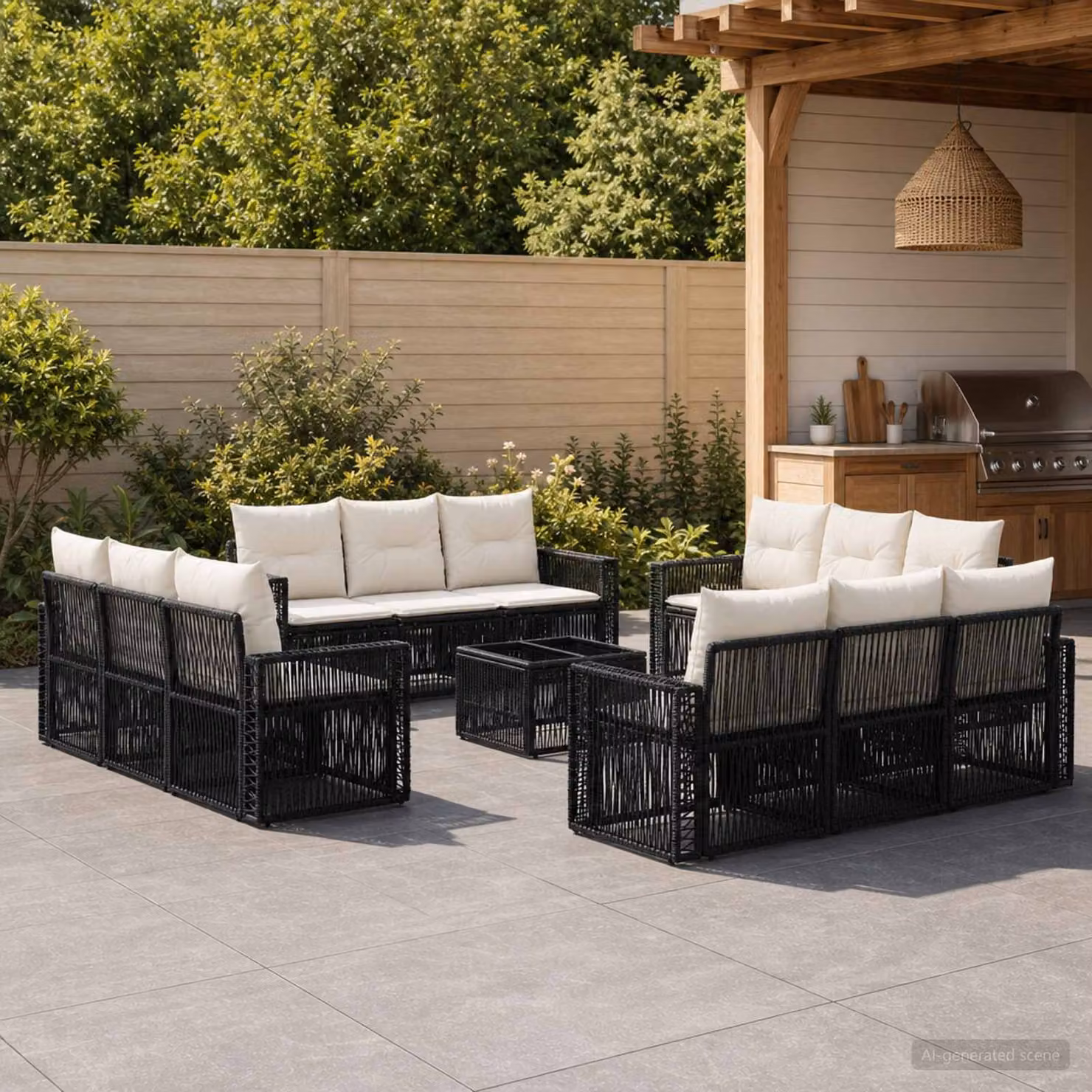 Set Divano da Giardino vidaXL a forma a U composto da 13 pezzi con tavolino e cuscini, Colore Nero e Bianco Crema, Struttura in Metallo e Polyrattan