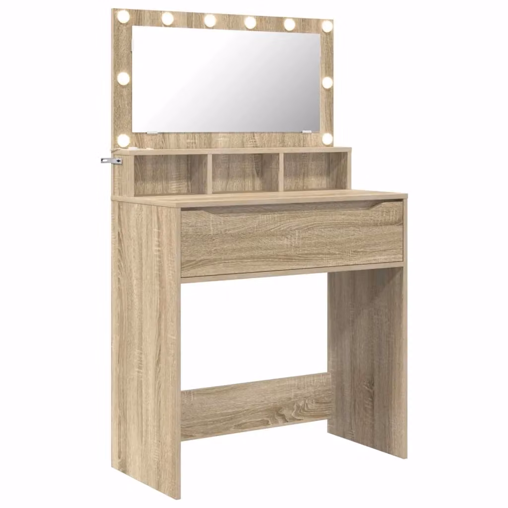 Tavolo da trucco moderno vidaXL in legno color rovere con illuminazione LED per camera da letto, L: 135,0 cm, P: 39,5 cm, H: 80,0 cm – 2