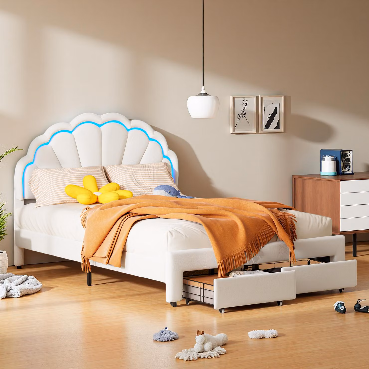 Letto imbottito Fortuna Lai 140x200 cm, letto per bambini LED con cassetto e testata a fiore, rete a doghe, velluto, bianco