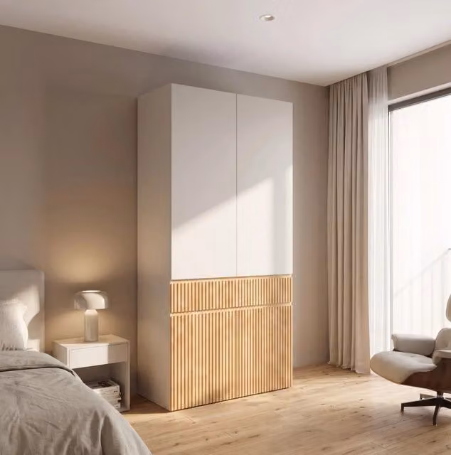Armadio guardaroba a 4 ante con asta appendiabiti e cassetto; 90 x 50 x 200 cm; MDF e truciolare; rovere chiaro e grigio