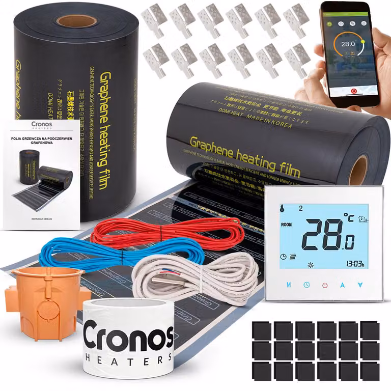 Cronos GRAPHENE: Set di pellicole riscaldanti a infrarossi da 220W/m², larghezza 50 cm, copertura 12 m² + termostato Wi-Fi AC605H, colore bianco