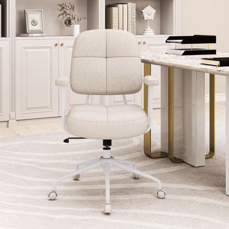 Sedia da ufficio ergonomica Costway girevole con braccioli e ruote, imbottita in tessuto Beige