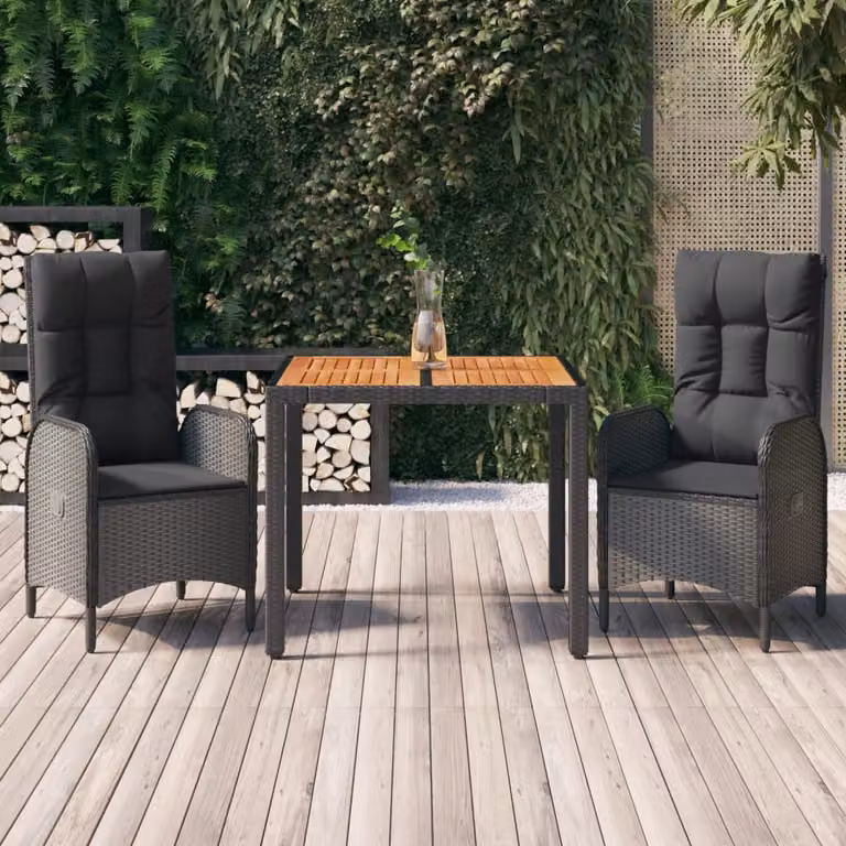 Set da Pranzo da Giardino vidaXL in Polyrattan e Legno di Acacia Nero con 3 Pezzi e Cuscini