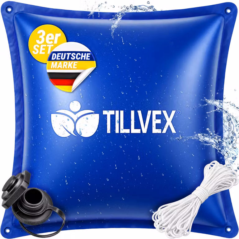 tillvex® Cuscini per piscina invernali, confezione da 3, dimensioni XXL (120x120 cm), con 12 metri di corda e kit di riparazione | Cuscini ad aria per la copertura invernale della piscina, resistenti al gelo e al cloro, fino a -20°C | Cuscini invernali in