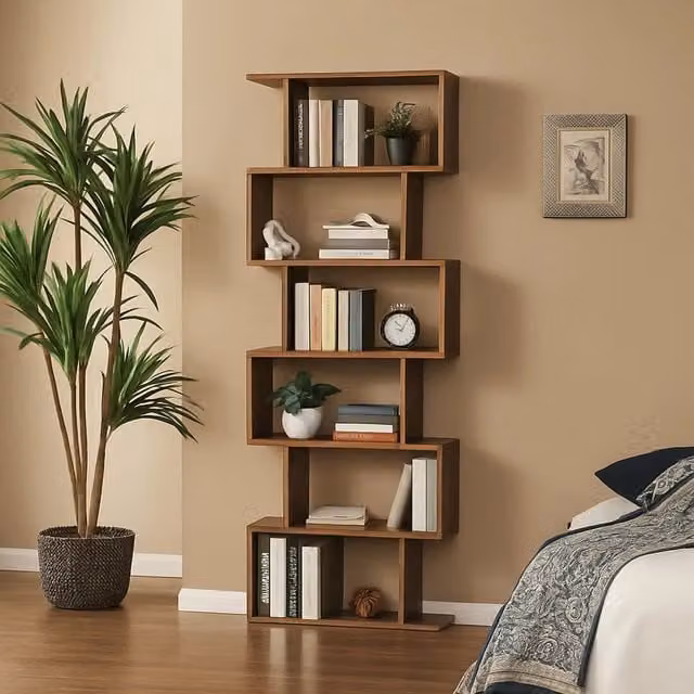 Libreria bifacciale alta Alowha DMORA in legno color acero, scaffale a zig zag per ufficio o soggiorno, L: 80 cm, P: 25 cm, H: 192 cm