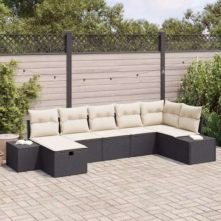 Set Divano da Giardino L-Shape vidaXL in Polyrattan Nero e Beige con 7 Pezzi e Cuscini