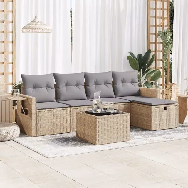 Set Divano da Giardino a L vidaXL in Polyrattan con Cuscini Beige e Tavolino, 6 Pezzi