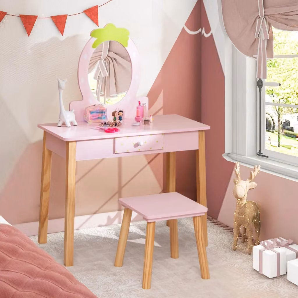 Set vanità per bambini 2 in 1 in legno con sgabello e specchio a forma di fragola e cassetto, colore rosa – 2