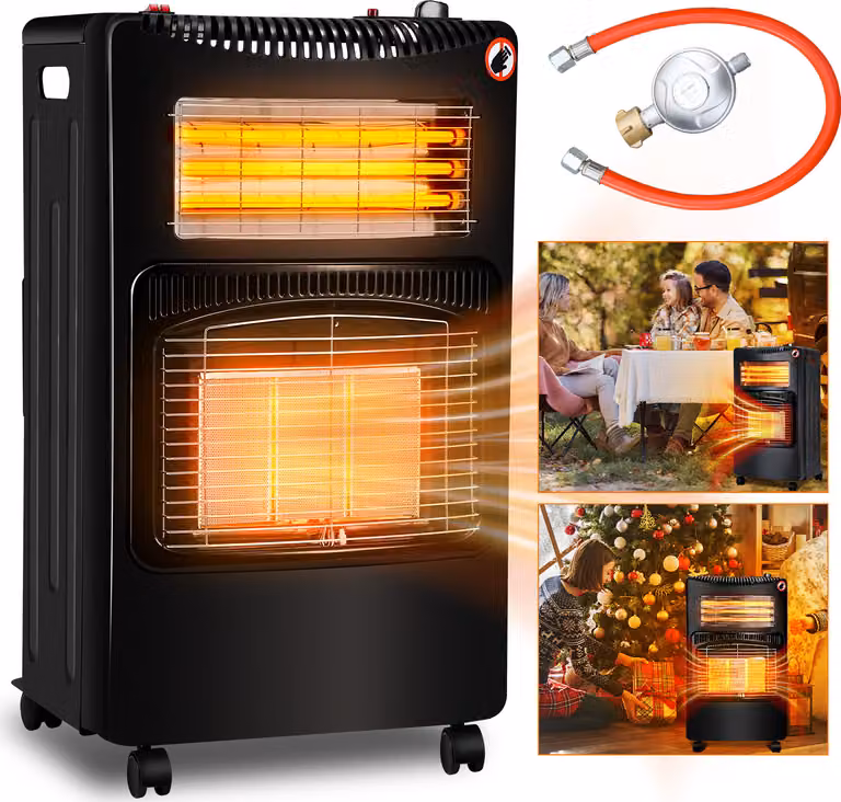 Riscaldatore a infrarossi Ikodm, nero, a gas 4200 W + elettrico 1200 W, con 3 livelli di potenza, protezione anticaduta, portatile, con regolatore e tubo