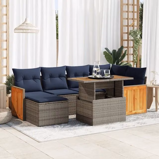 Set Divani da Giardino con Cuscini 7pz Nero Polyrattan Acacia 3327736