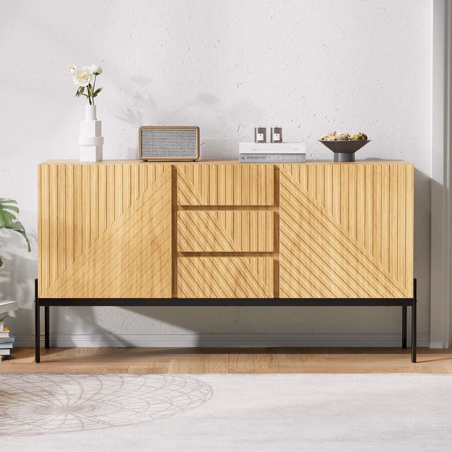 Flieks cassettiere soggiorno credenza con 2 ante, credenza tavoli alti con ripiano regolabile, cassettiera senza maniglia, finitura naturale