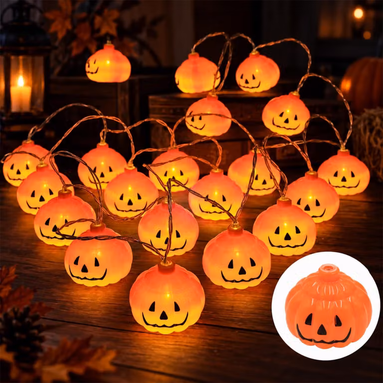 Catena luminosa a LED per Halloween, 3 metri, 20 zucche, luce arancione calda